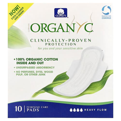 Organyc, Pads i ekologisk bomull, Heavy Flow, 10 pads