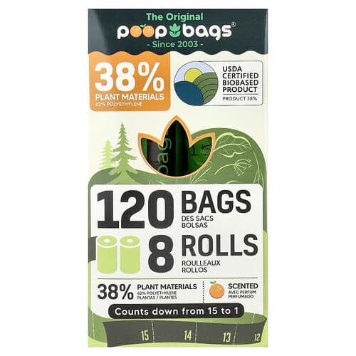 Original Poop Bags, Apelsin, 8 rullar, 15 påsar styck