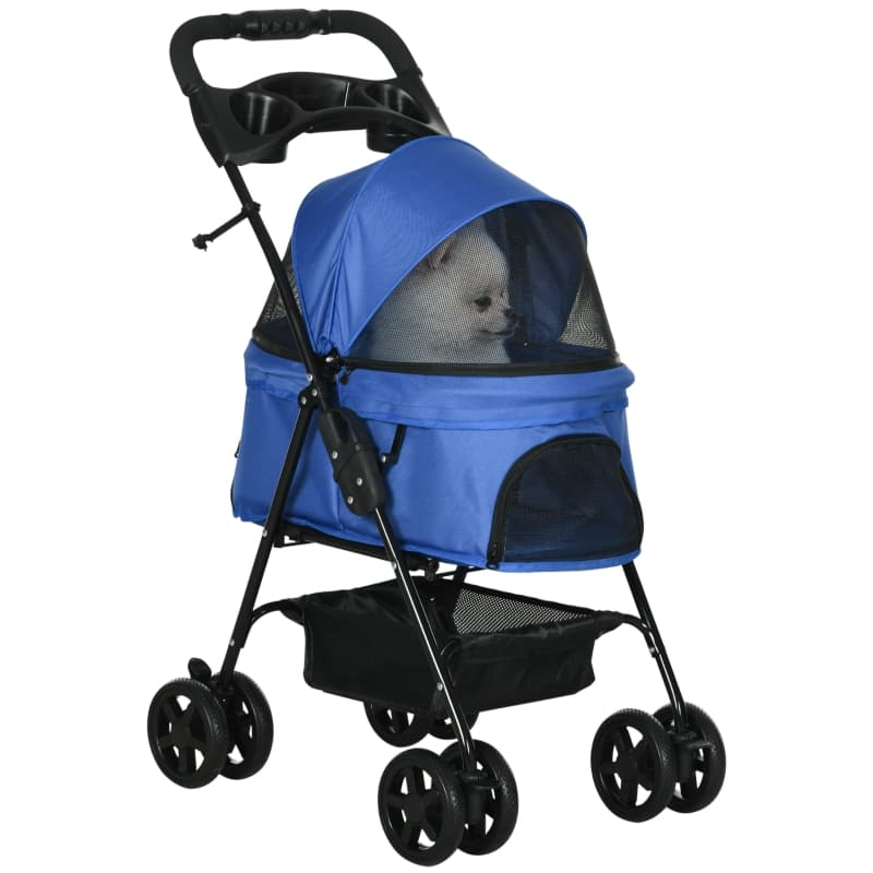 Hundvagn avtagbart tak mugghållare blå