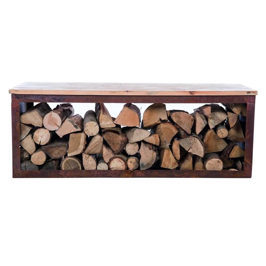 Bänk med vedförvaring i corten stål Red Fire  | Etanolkamin-shop.se | Trädgårdsbänk , Vedförvaring