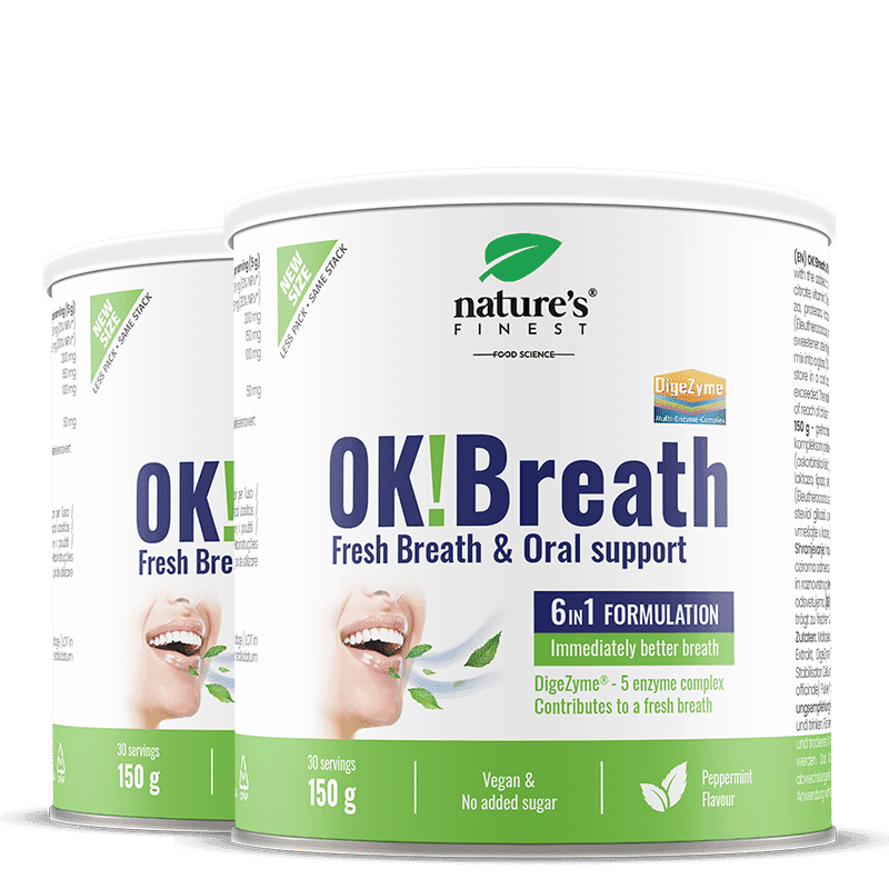 Nature’s Finest OK!Breath | stöd för dålig andedräkt | DigeZyme enzymer med timjan, ingefära + vit. C för matsmältning + fräsch känsla