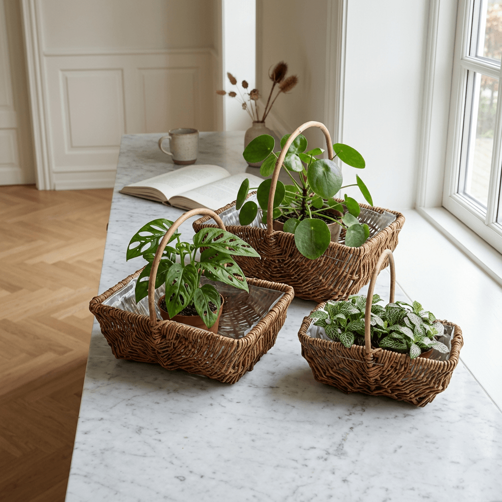 Rektangulär växtkorg i flätad holländsk bark med handtag - Set om 3