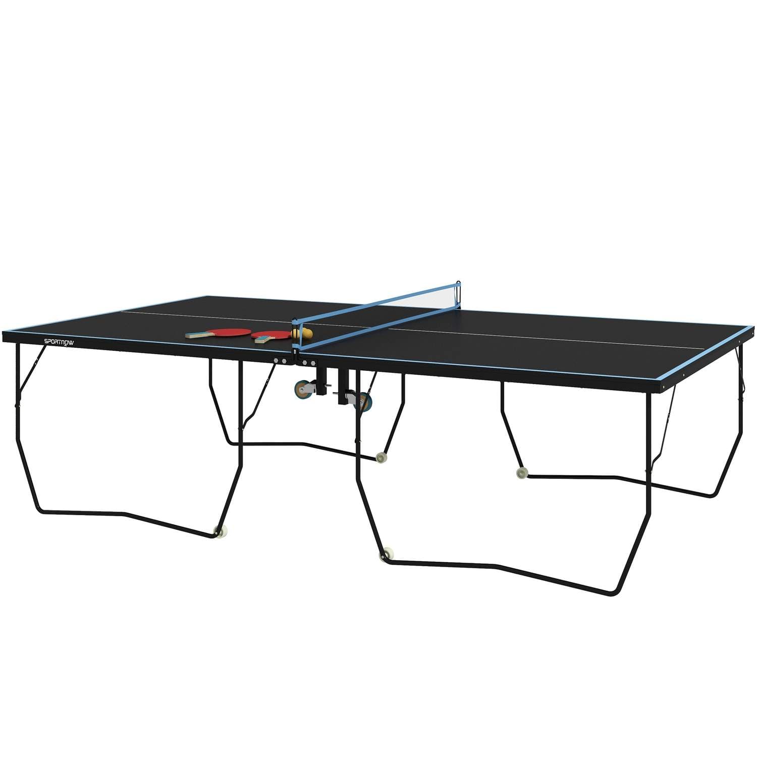 Utomhus bordtennisbord, hopfällbart bordtennisbord med nät, hjul, 2 bordtennisslagträn och 3 bollar, stål, svart, 274 x 152,5 x