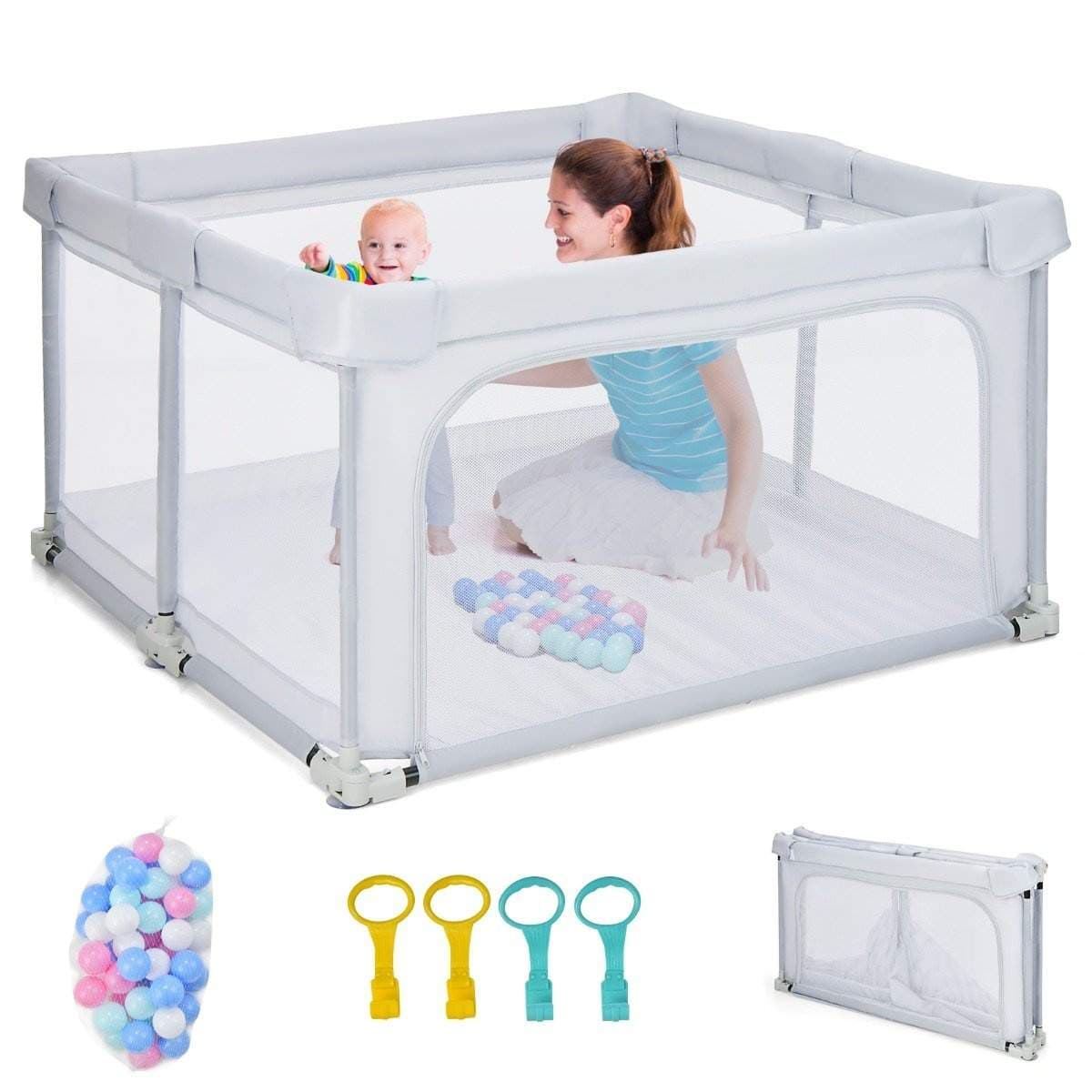 Fyrkantig babylekhage 124 x 124 cm Stort lekstaket Ljusgrå
