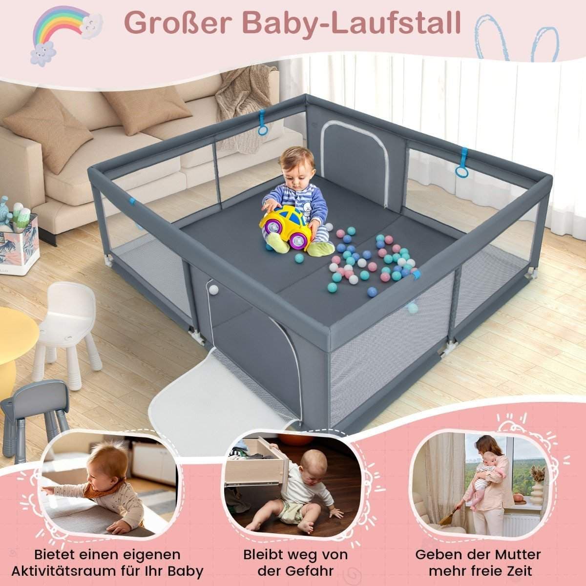 200 x 180 cm Baby lekhage med 50 havskulor & 4 handtag & dörr lekhage Crawling Gate grå