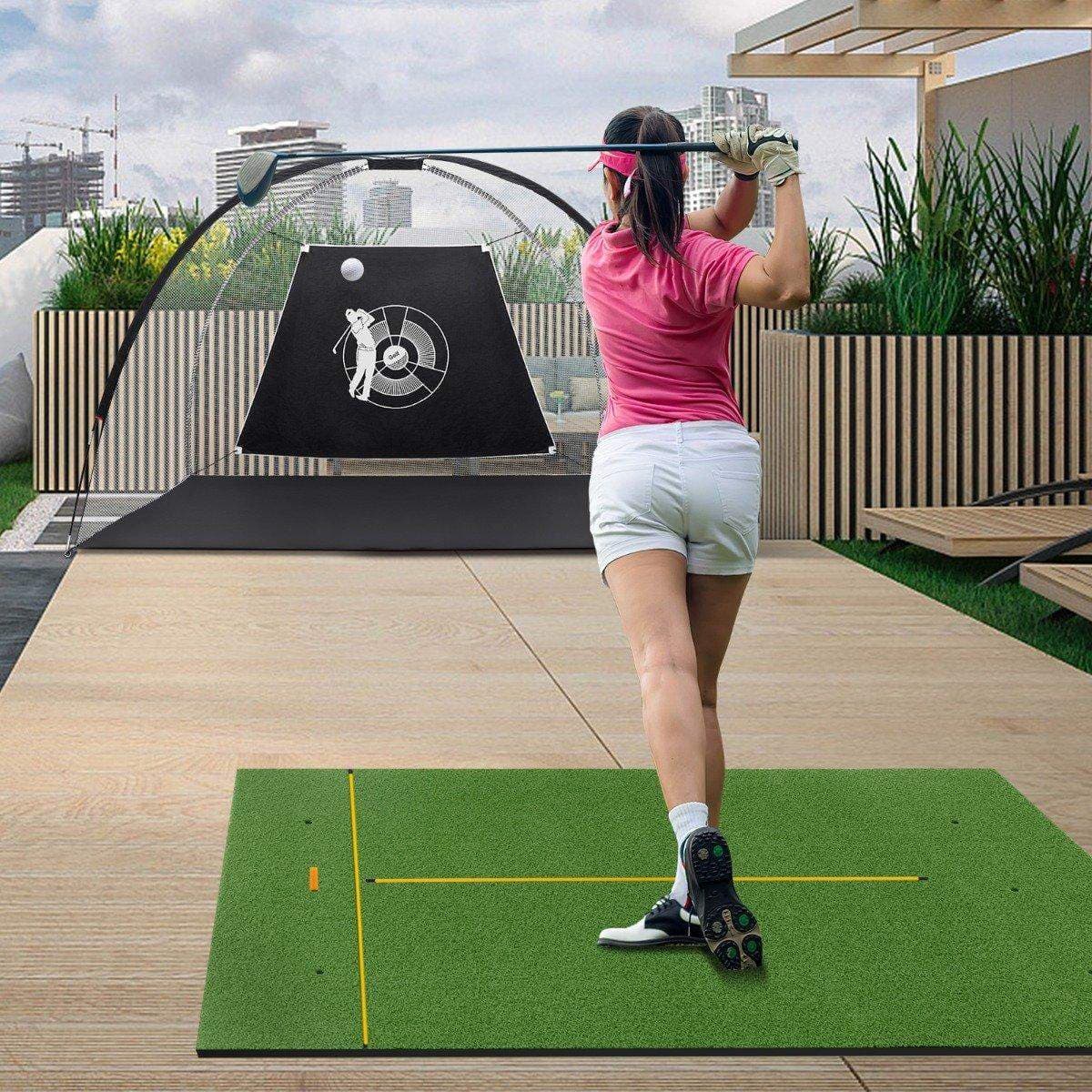 Golfträffmatta med 2 gummi-tees, 2 inriktningsstavar och 6 tee-lägen, 152 x 117 cm, tjocklek 27 mm