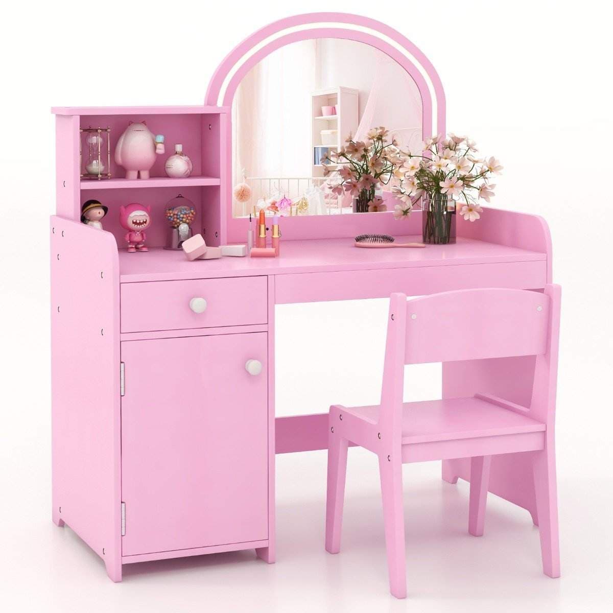 2 i 1 sminkbord för barn med pall & LED-lampor & spegel & lådor kosmetiskt bord rosa