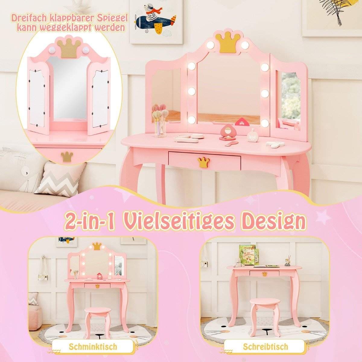 Sminkbord för barn med belysning, sminkbord för tjejer med trefaldig spegel, rosa