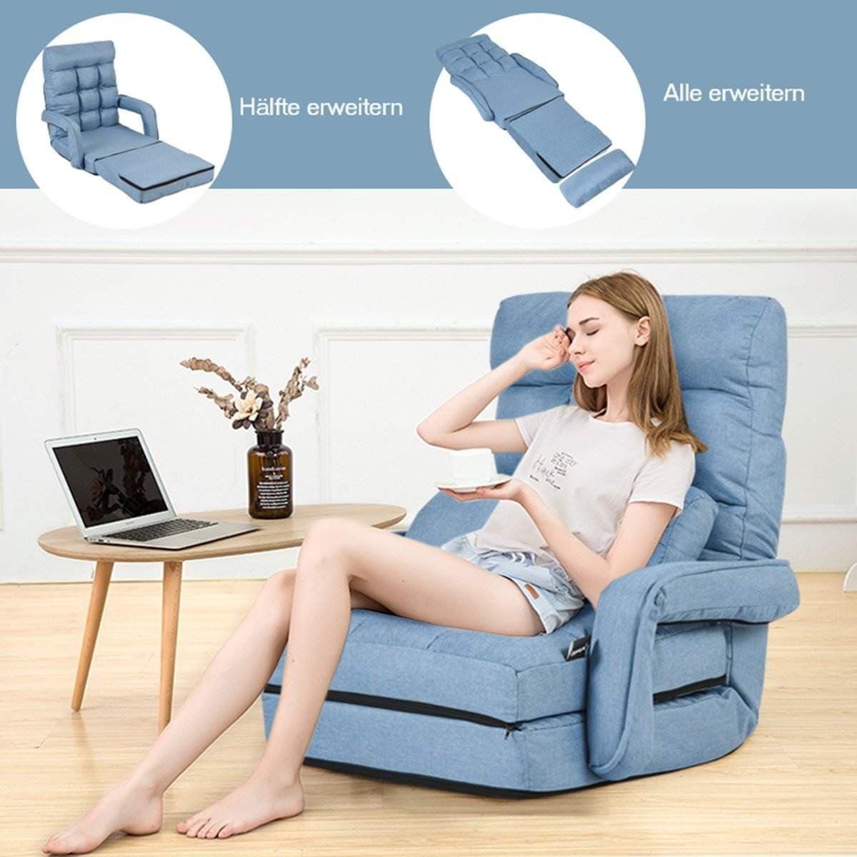Justerbar blå bäddsoffa – 5 positioner, bekväma armstöd
