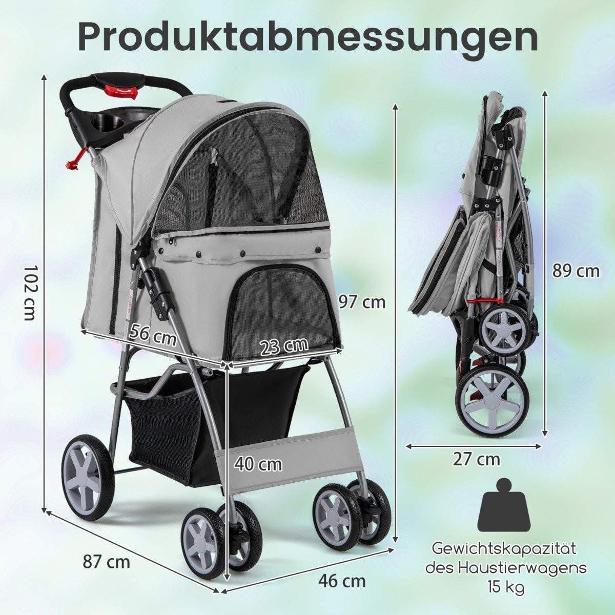 Husdjursvagn med nätfönster och mugghållare – Grå, upp till 15 kg
