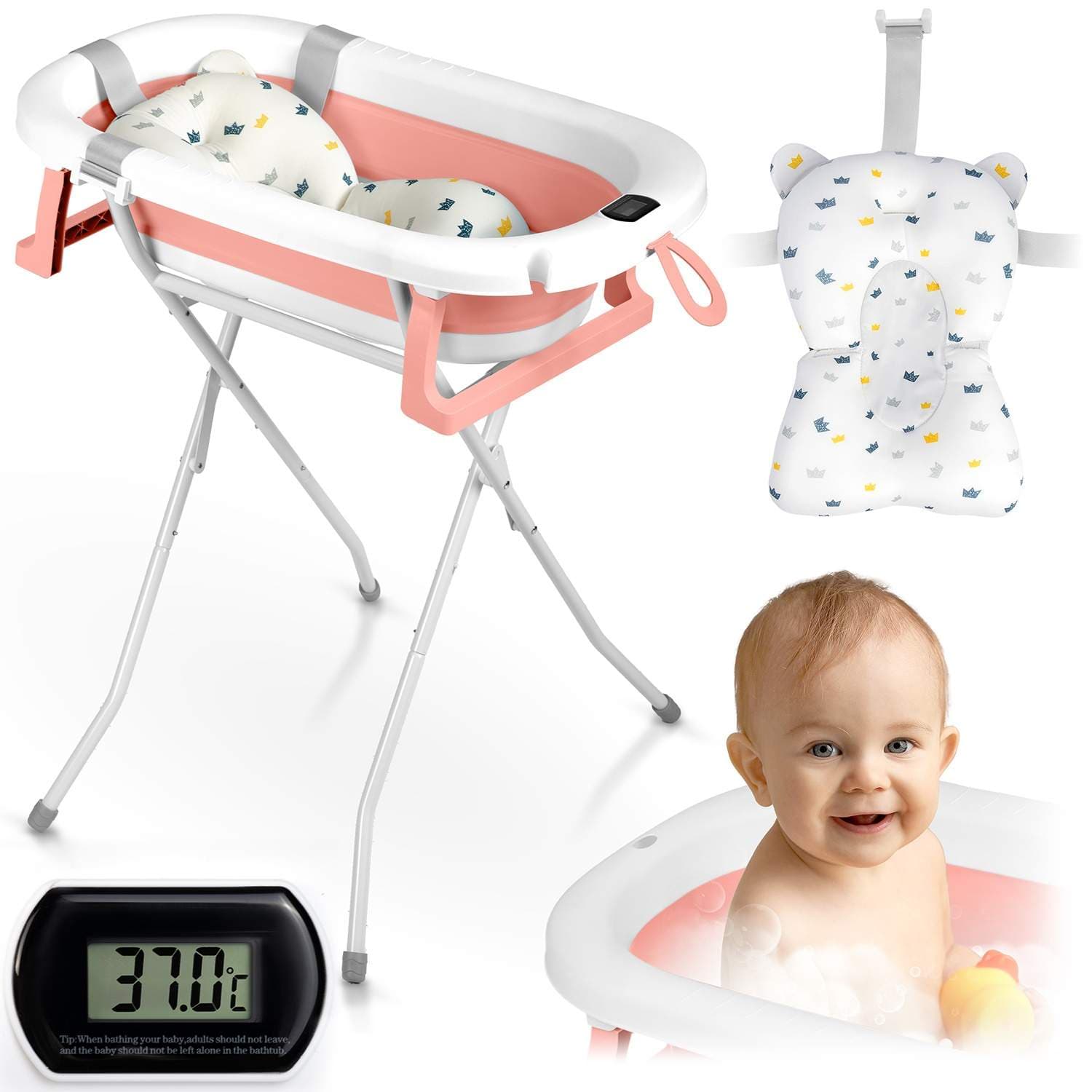 Hopfällbart babybadkar med stativ, termometer och insats