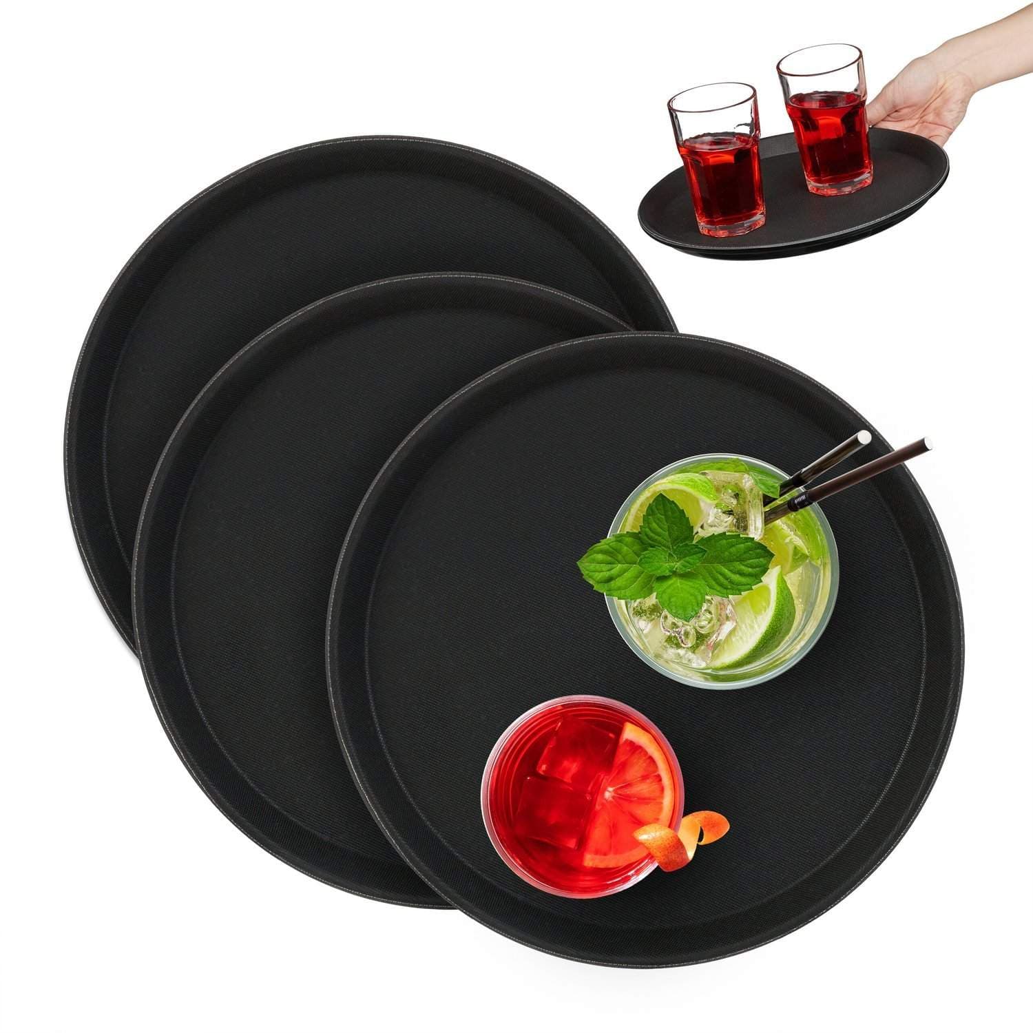 Runda svarta serveringsbrickor – 28 cm, halkfri yta