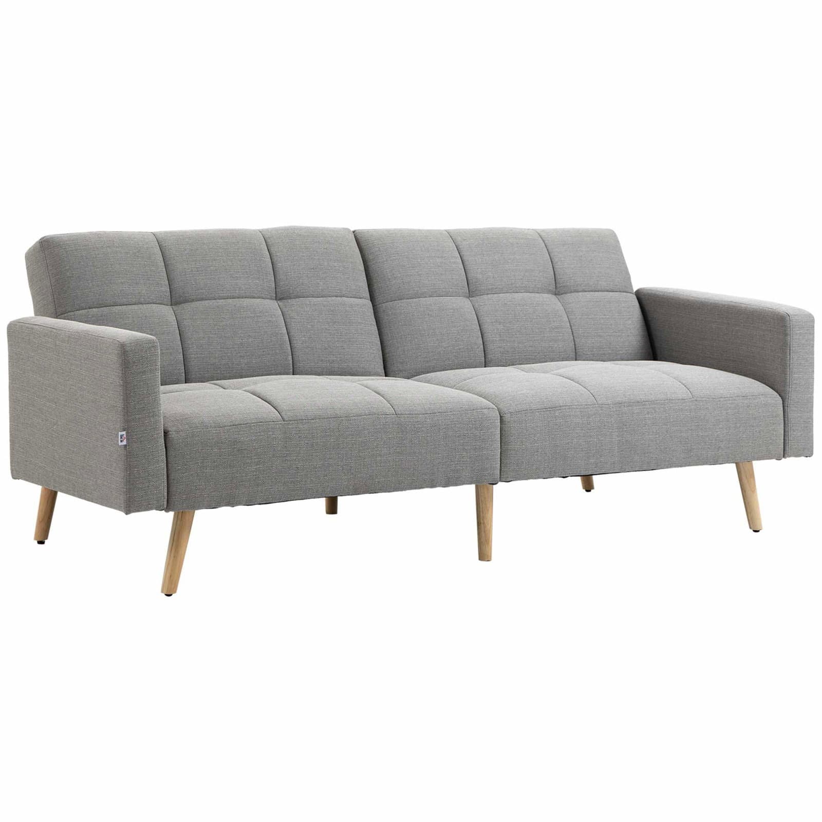 Bäddsoffa i grått linneutseende, justerbart ryggstöd