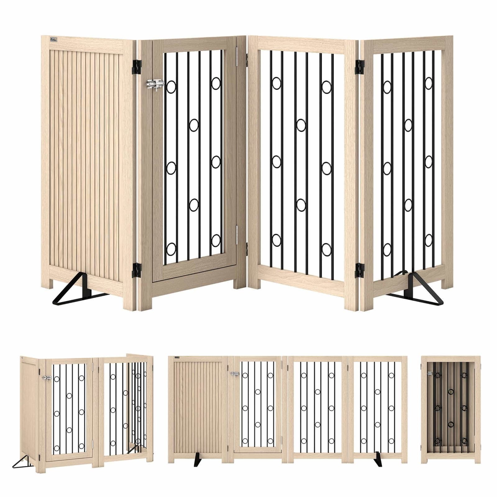 Fristående husdjursgrind med dörr – 4 paneler, MDF och stål
