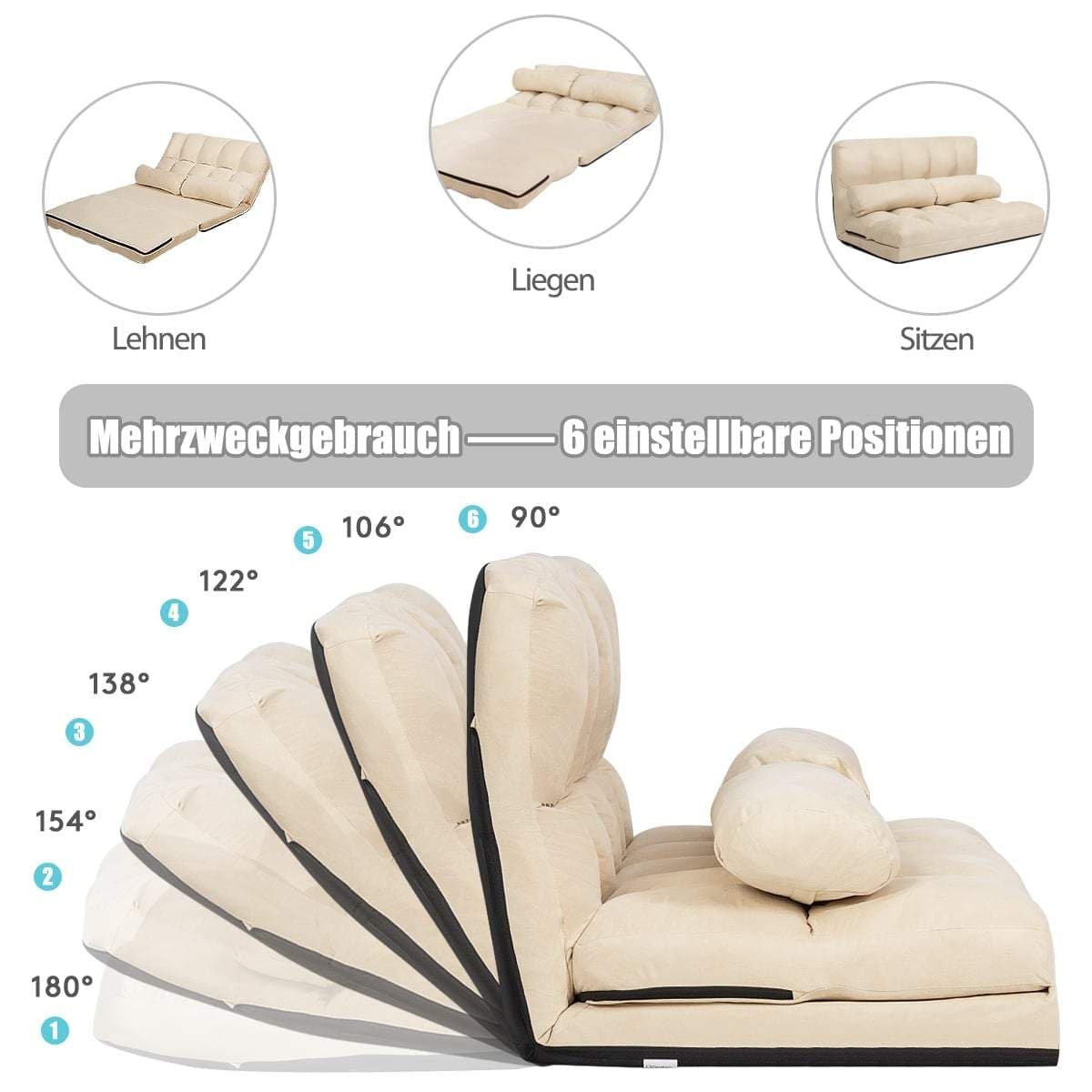 Konvertibel golvbäddsoffa, justerbart ryggstöd, beige