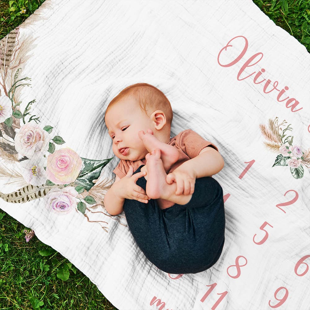 Personliga blommor Månad Milstolpe Tillväxt Tracker Blommor Mjuk filt Foto rekvisita Baby Shower Present för nyfödd