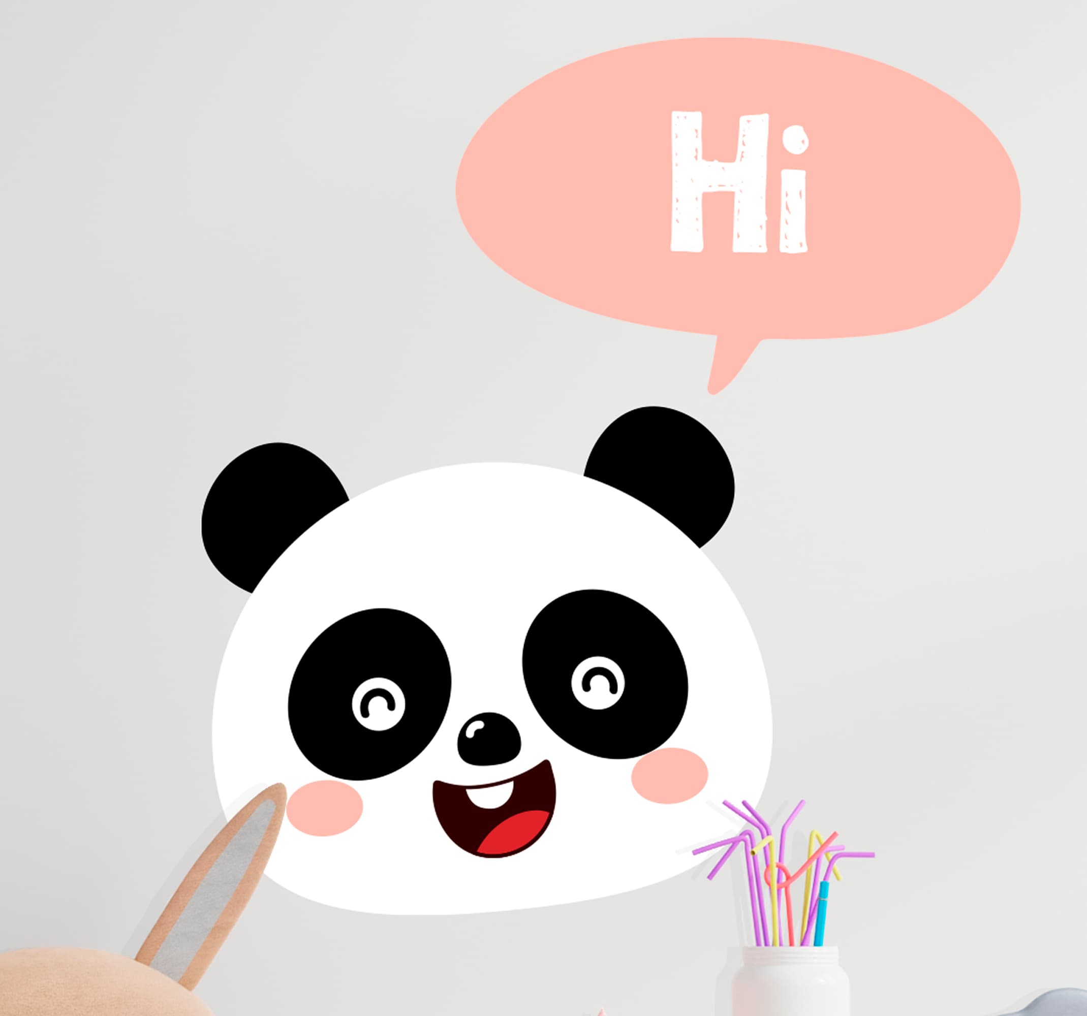 Tecknad panda säger hej barn sovrum vägg klistermärke