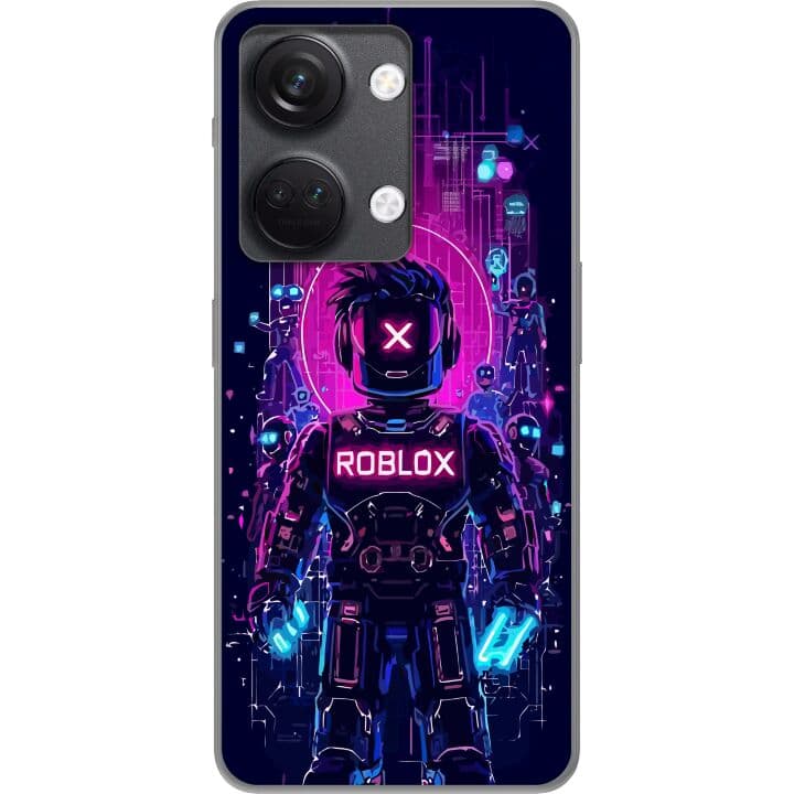 Kompatibelt Mobilskal till OnePlus Nord 3 Kraftfull digital Robloxdesign med lila ljus och futuristisk bakgrund