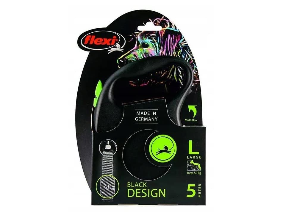 Black Design, automatiskt hundkoppel, svart/grön, L 5m, vävband