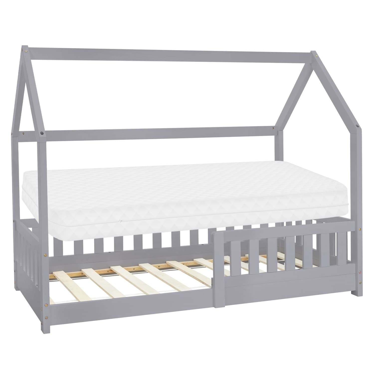 ML-Design Barnsäng 80x160 cm Ljusgrå med madrass; fallskydd; tak och ribbotten; Massivt trälekssäng; Husbädd för flickor/pojkar; Säng i