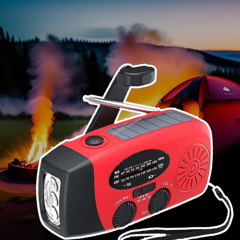 Nödradio FM/AM med inbyggda solceller, ficklampa, powerbank och handvev