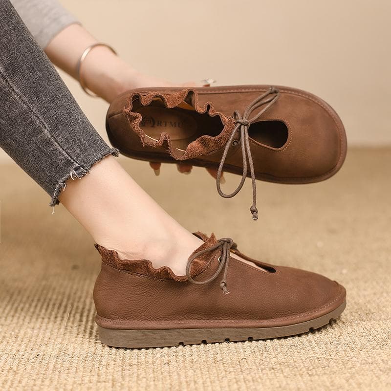 Vår Sommar Kvinnliga Mjuka Original Ballerinaskor Kvinnor Snörning Äkta Läder Komfort Lyx Eleganta Skor för Damer Zapatos cm khaki
