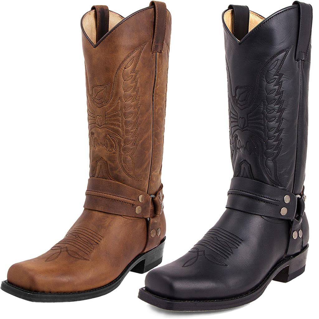 Broderade västerländska stövlar för män Drag-på-cowboystövlar Fall Fyrkantiga tå Arbetskängor Slitstarka chunky klackstövlar män Retro