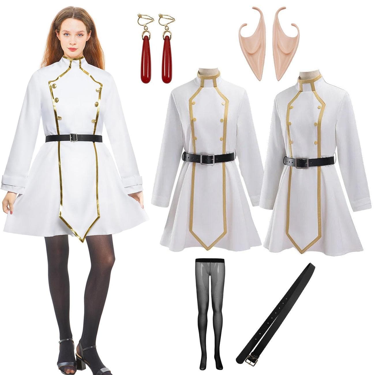 Anime Frieren Beyond Journey's End Frieren Cosplay Kostymoutfit Vit vinterklänning Kappa Peruk Öron Örhängen Strumpor Halloweenfest cm