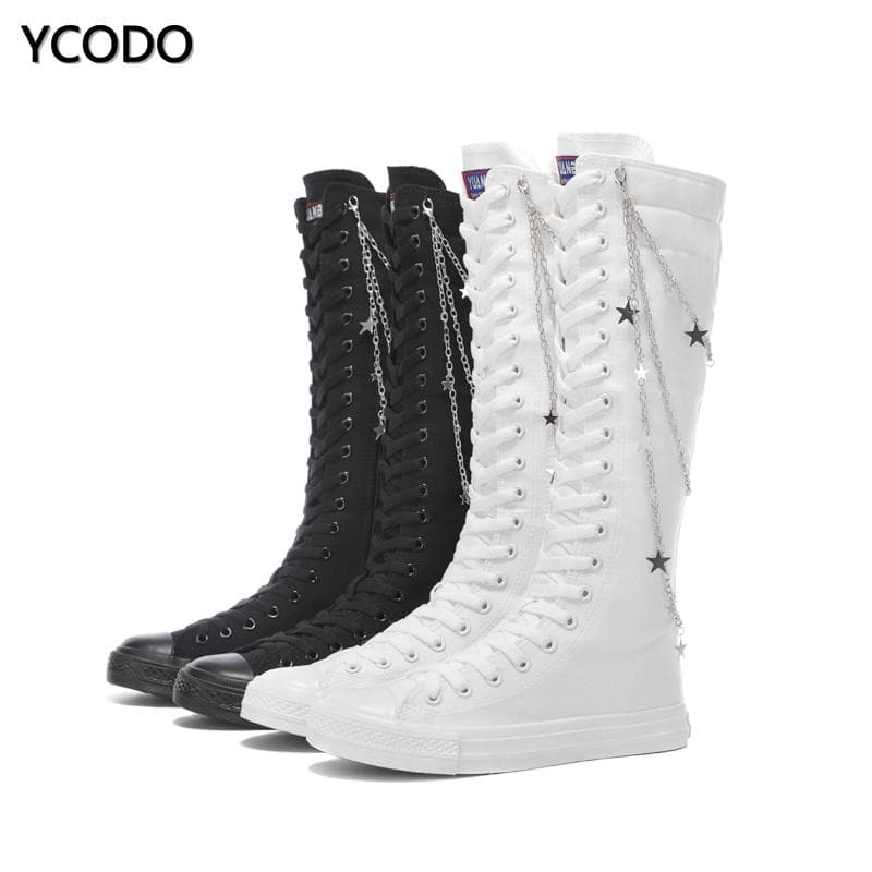 Vår Höst Dam Stövlar Canvas Mid Calf Boots Casual High Top Skor Långa stövlar Snörning Dragkedja Bekväma platta stövlar Storlek 34-43 cm vit