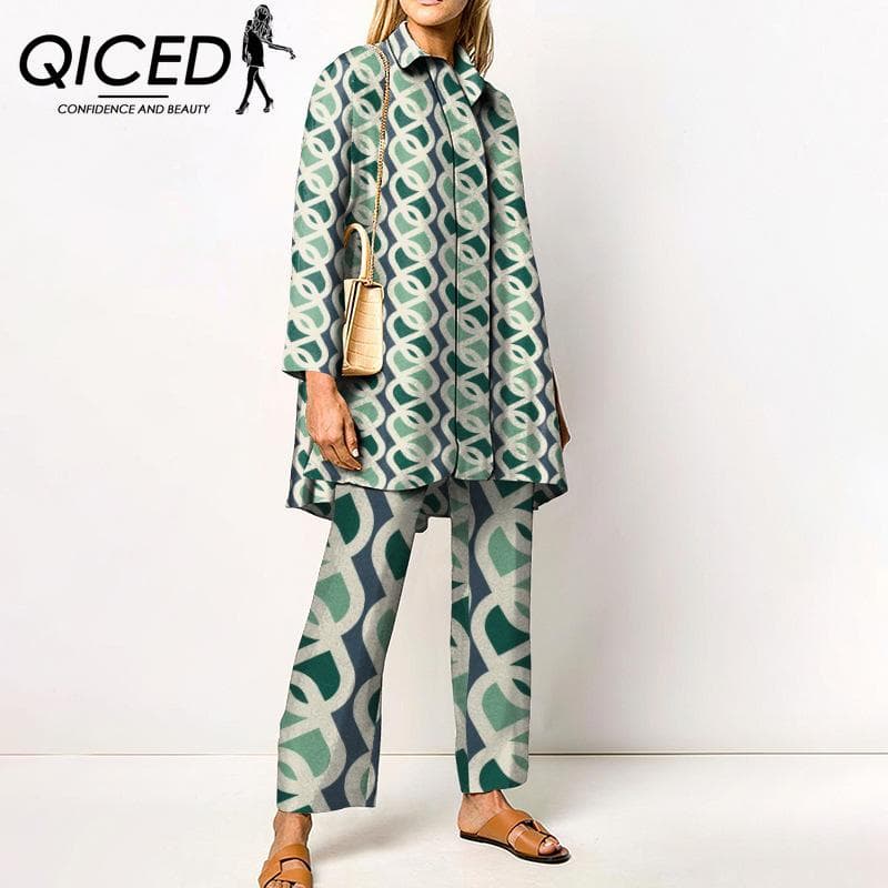 QICED Vår och Höst Långärmad Dam Skjortkostym Urban Personlighet Trendtryck Casual Damkläder cm