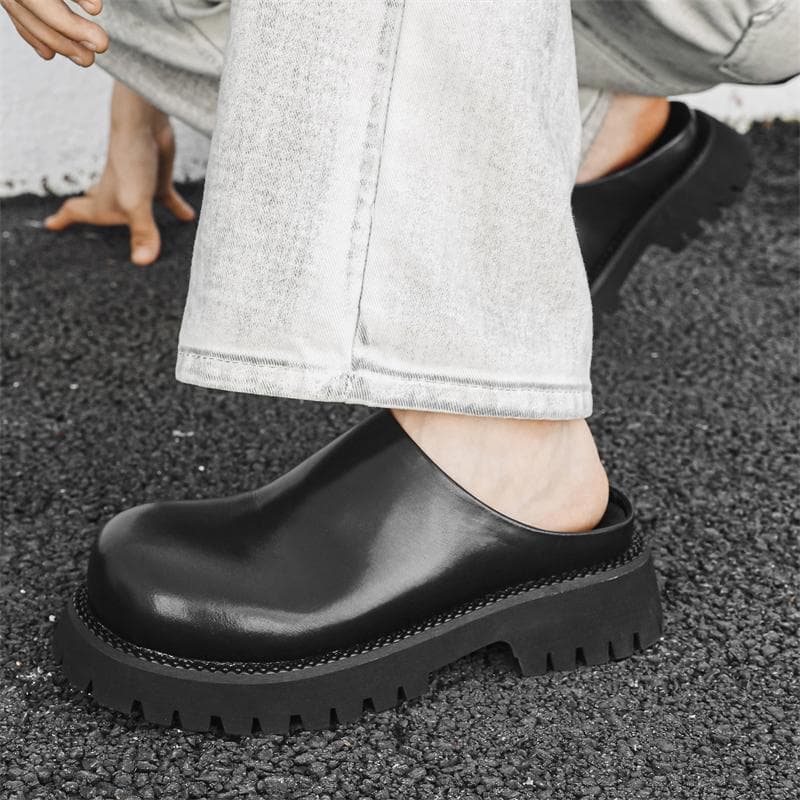 Andningsbara Halvtofflor Herr Loafers Herr Plattform Läder Tofflor Ny Mode Lata Båtskor Herr Andningsbara Slip on Muller Sko cm svart