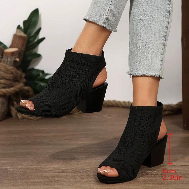 Dam Chunky Klacksandaler Stickning Peep Toe Slip on Slingback Låga Klackar Mode Tyg Sandaler cm svart