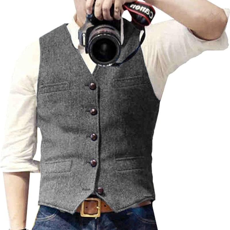 Herr Höst och Vinter V-ringad Kostymväst Fiskbensmönstrad Tweed Slim Fit Väst Casual Klassisk Formell Affärsmässig för Bröllop