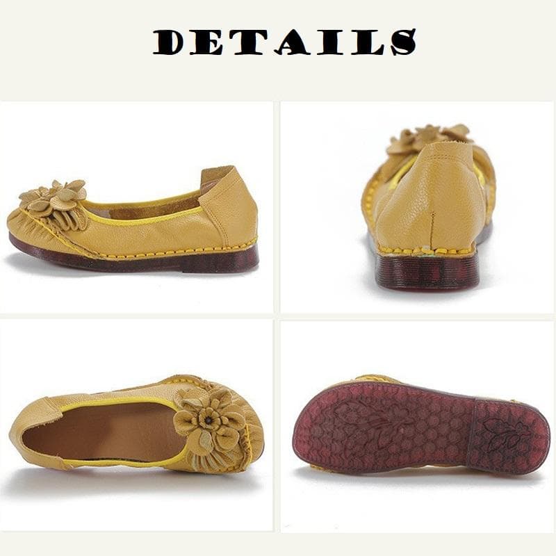 2025 Vår Äkta Läder Ballerinaskor Dam Blomma Slip On Komfort Lätta Loaferskor Kvinna Retro Mockasiner Mamma Körskor cm beige