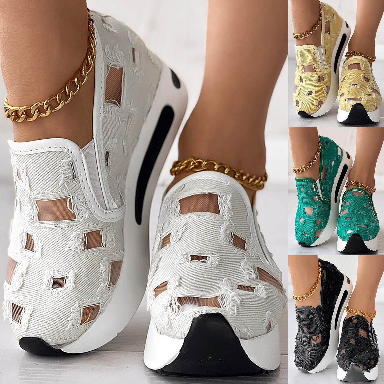 Sneakers för kvinnor med blommor broderier Mesh Sneakers för kvinnor Slip on Casual Bekväma skor med klackar Kvinna cm beige