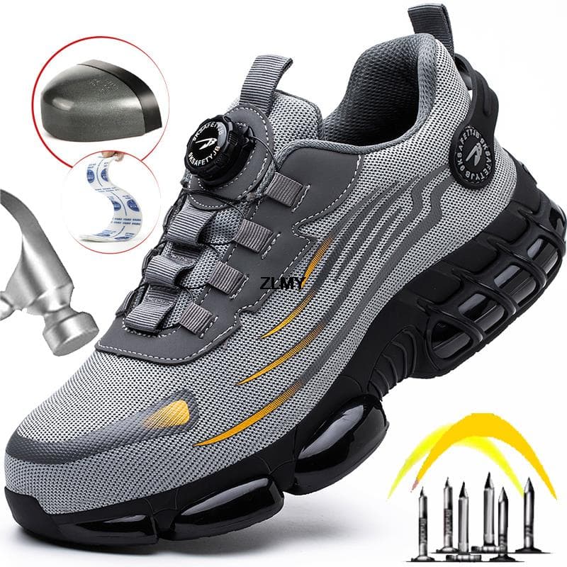 Halkfria Säkerhetsskor Herr Stålhätta Sneaker Punkteringssäker Roterande Knapp Säkerhetsarbetskängor Man Sport Arbetsskor Anti-kross cm svart