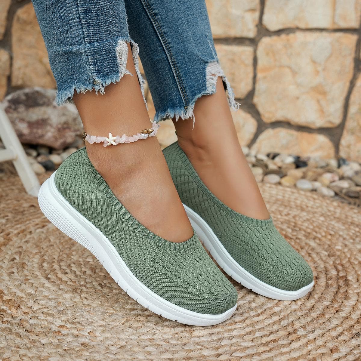 Damskor med platt rund tå, Damskor i enfärgad stickad slip-on-modell för promenader, Andningsbara vardagsskor för damer cm