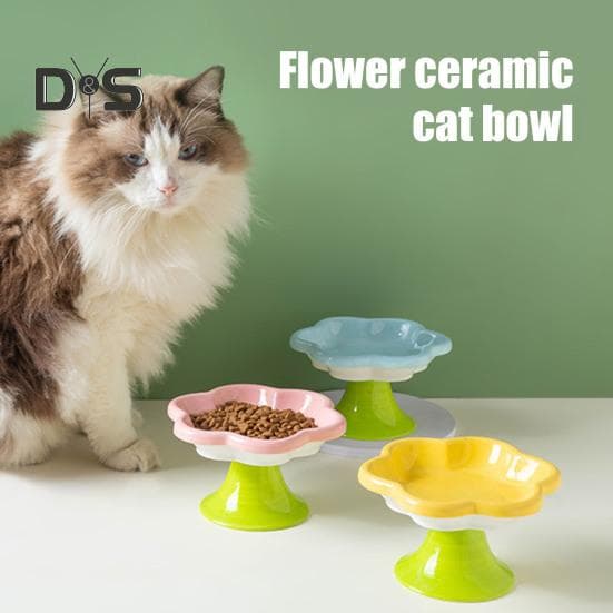 Keramiska Upphöjda Kattskålar Blomdesign Upphöjd Kattmatskål Vattenskål Liten Kattskål för Katter Små Hundar rosa