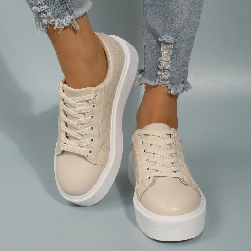 Vår Höst Äkta Läder Dam Sneakers Vita Nötskinn Platå Sneakers Dam Enkla Snörskor Platta Sneakers Kvinna cm