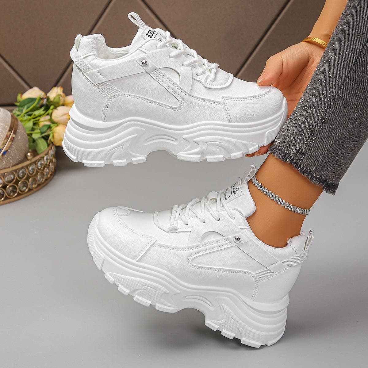 Damtjocka sneakers Vita Svarta Läder Plattformssneakers för Kvinnor Höjdökande Skor Tjock Sula Vardagsskor Kvinna cm svart