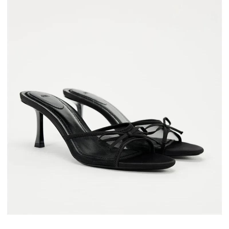Damskor Klackar Sandaler Mode Klack Tofflor Spets Nät Rosett Lyxsandaler Zapatos De Mujer cm svart