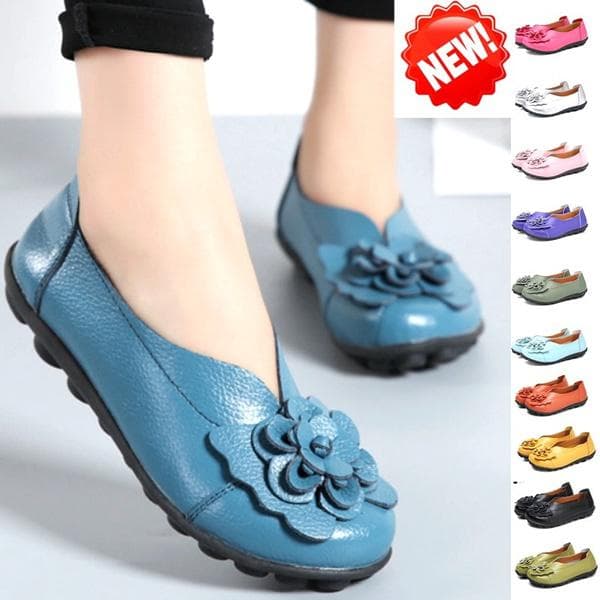 Dammode Äkta Läder Blommor Stil Ballerinaskor Slip on Enkla Skor Sommar Andningsbara Vardagsskor Femmes Mockasiner Skor Tofflor cm orange