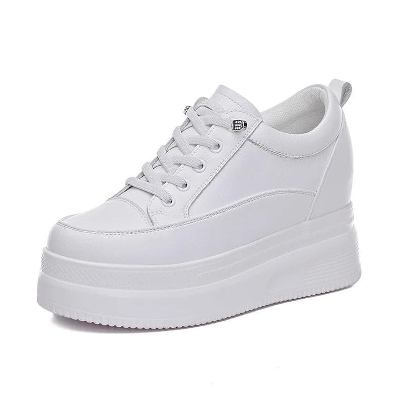100% Äkta Läderskor Kvinnor Mode Sneakers Märke Damer Platta Plattform Höjdökande 8cm Svarta Vita Skor cm vit