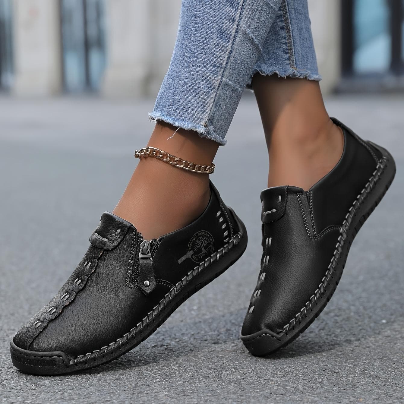 Damers Handgjorda Casual Loafers - Lämpliga för 10 Tillfällen, Bekväma och Hållbara Slip-On Sneakers med Dragkedja cm svart