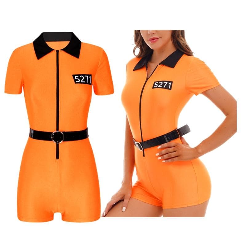 Damers Fånge Rollspelskostymset Maskerad Halloweenfest Utklädningsdräkt Kortärmad Jumpsuit med Bälte cm orange