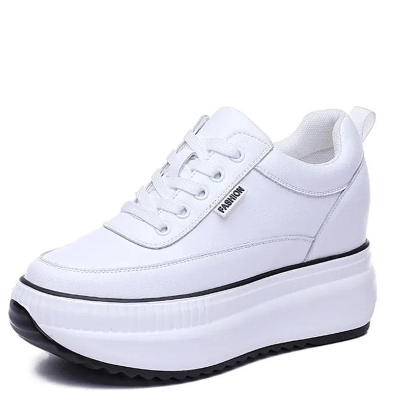 Damer Äkta Läder Casual Svarta Skor Plattform Kil Damer Kvinnor 8CM Höga Mode Sneakers Chunky Vår Höst Skor cm vit