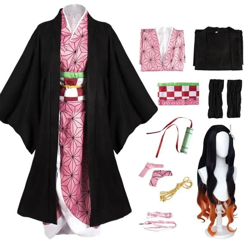 Anime Demon Slayer Kimetsu No Yaiba Kamado Nezuko Cosplay Kostym Dam Kimono Peruk Halloween Carnival Outfit Dräkt cm