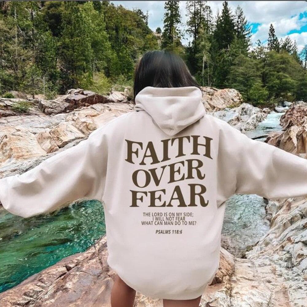Faith Over Fear Kristen Hoodie Kristen Sweatshirt Jesus Trendig Hoodie Bible Verse Skjorta Unisex Estetiska kläder cm beige