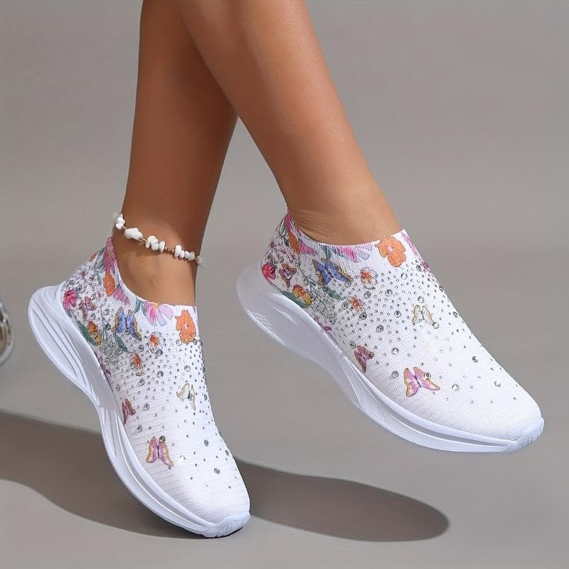 Slip-on-sneakers med strassdekor för kvinnor med blom- och fjärilstryck - löparskor som andas cm rosa