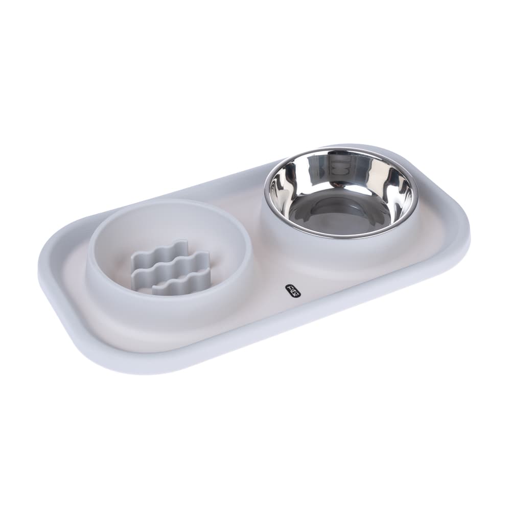 TIAKI dubbelskål i rostfritt stål & Slow Feeder med matta - 2 x 300 ml